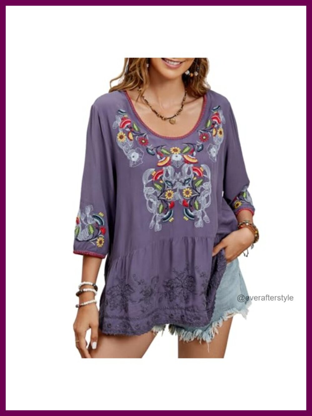 Embroidered Tunic Top 3/4 Sleeve Mexican Peasant Blouse Cotton